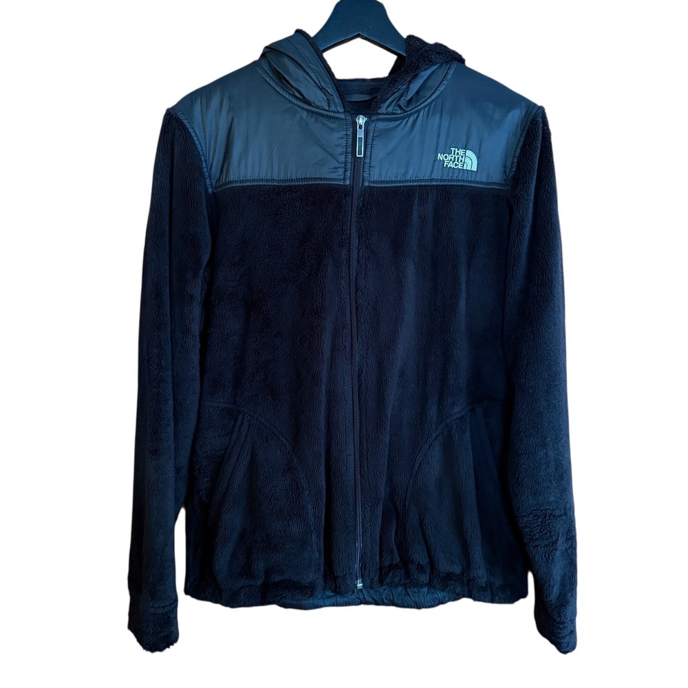 The North Face Womens M Fleece Hoodie Jacket Black Faux Fur Full Zip Pockets
